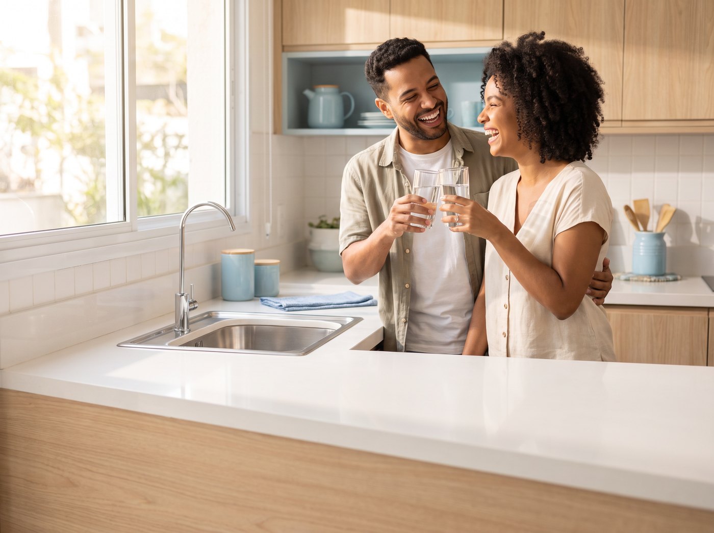 Casal feliz com economia do Purafiltra