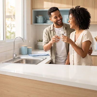 Foto 7: Casal brindando com água filtrada na cozinha