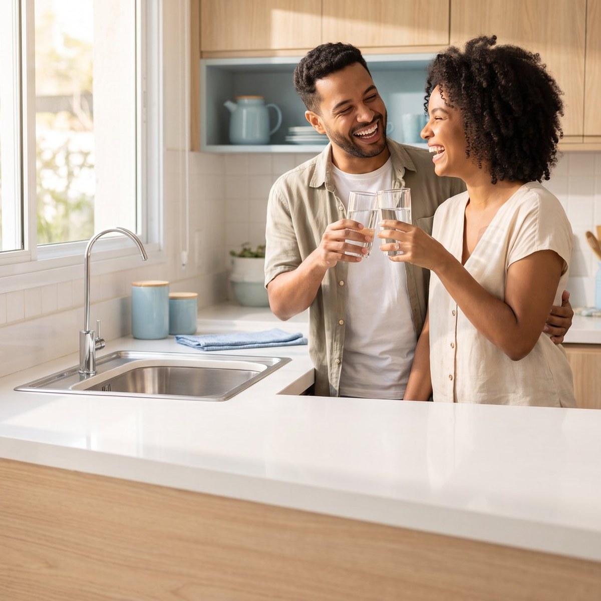 Casal brindando com água filtrada na cozinha